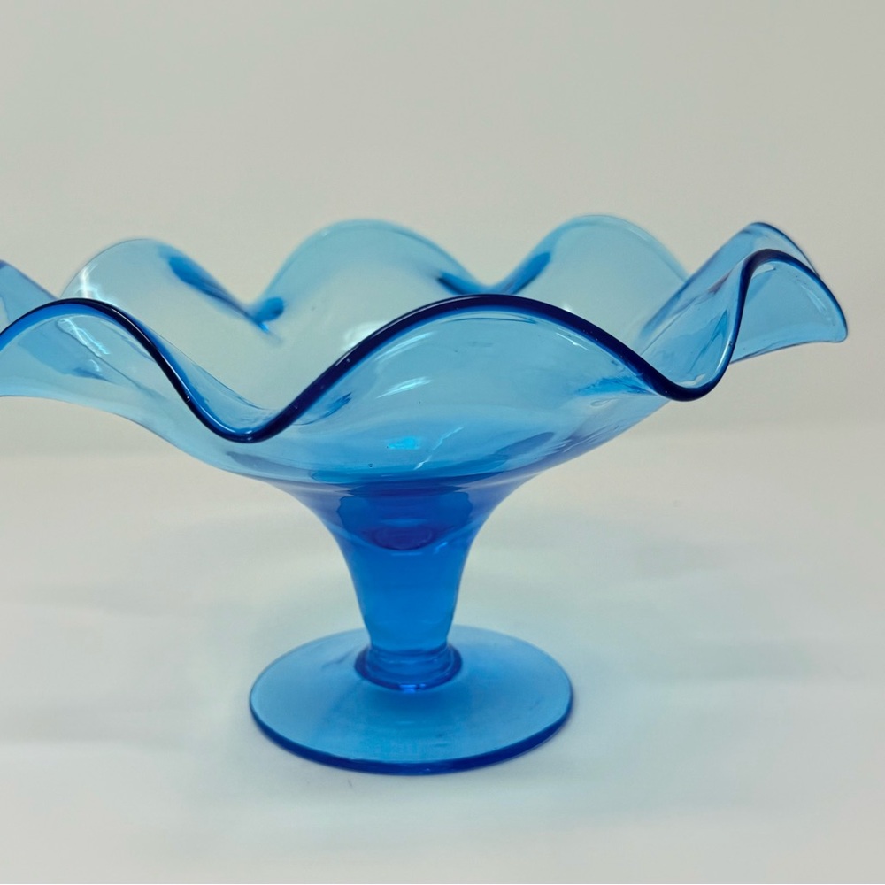 Vintage 1970’s Blenko Blue Ruffled Pedestal Glass Bowl